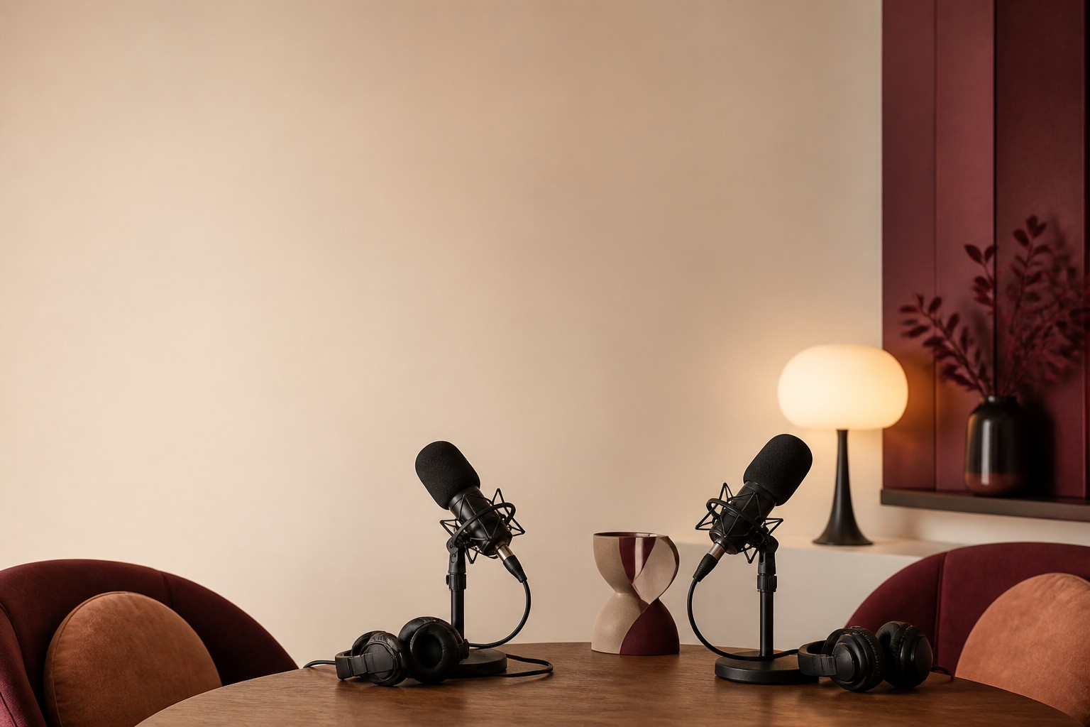 A podcast studio with two microphones, the setting for the Beyond Gender conversations